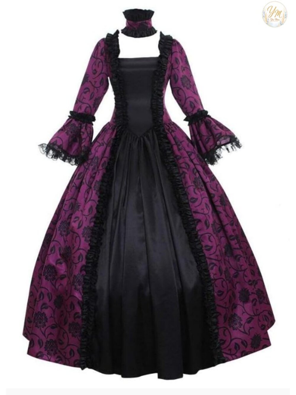 Victorian Rococo Princess Costume Dress Satin Floral Long Sleeve